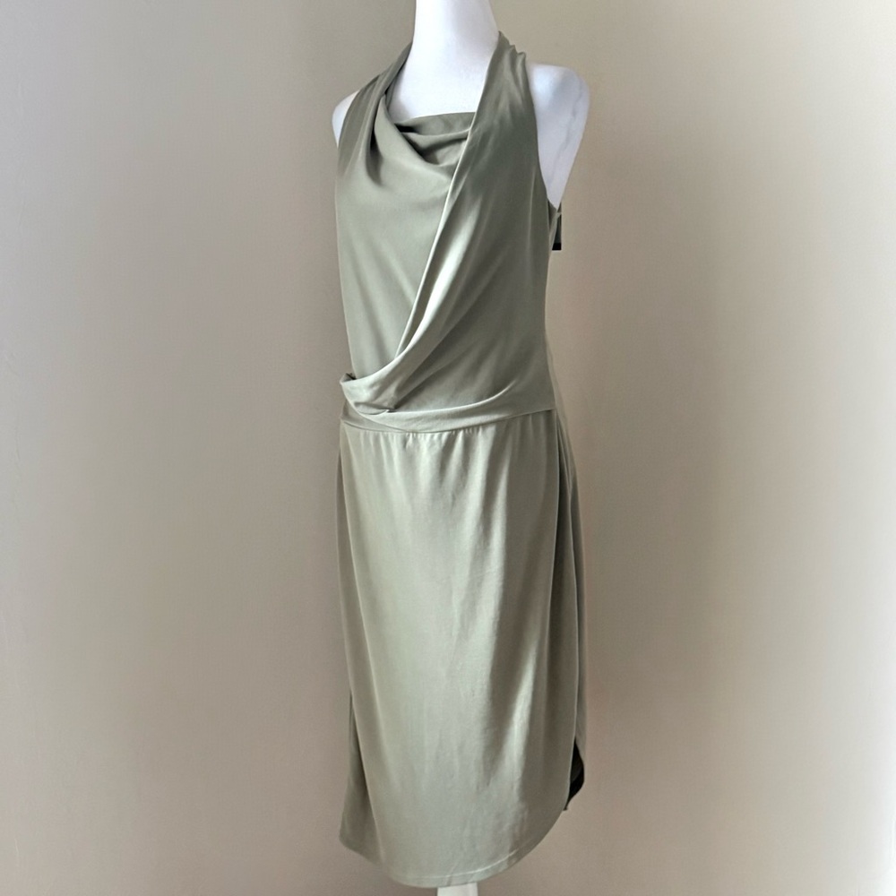 NWT Halston Heritage Asymmetrical Draped Cowl Neck Midi Dress Sage Khaki Green M - Picture 2 of 16
